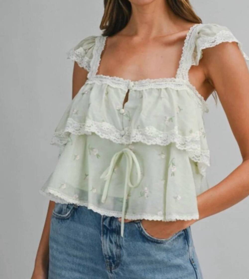 NEW MABLE lace trimmed tiered ruffle tank top in sage